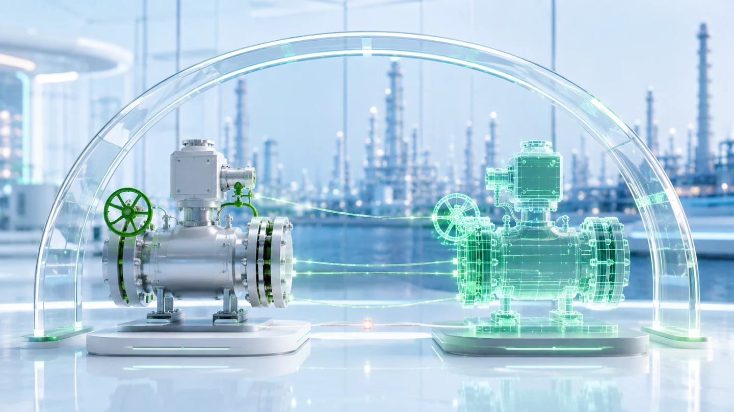 Industrial pipeline control module beside its transparent digital twin