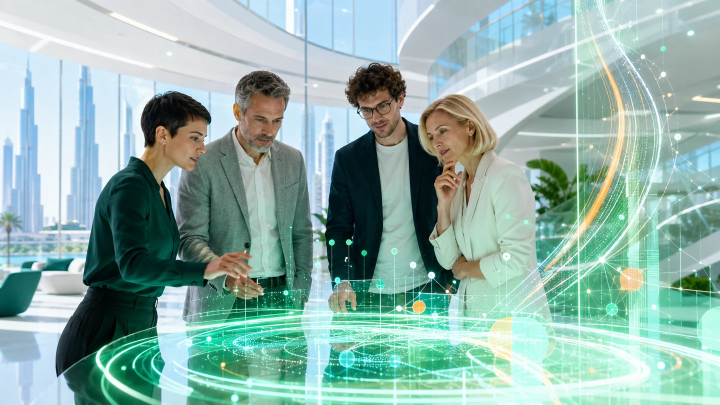 Four European technology professionals exploring a luminous artificial intelligence installation at a UAE conference