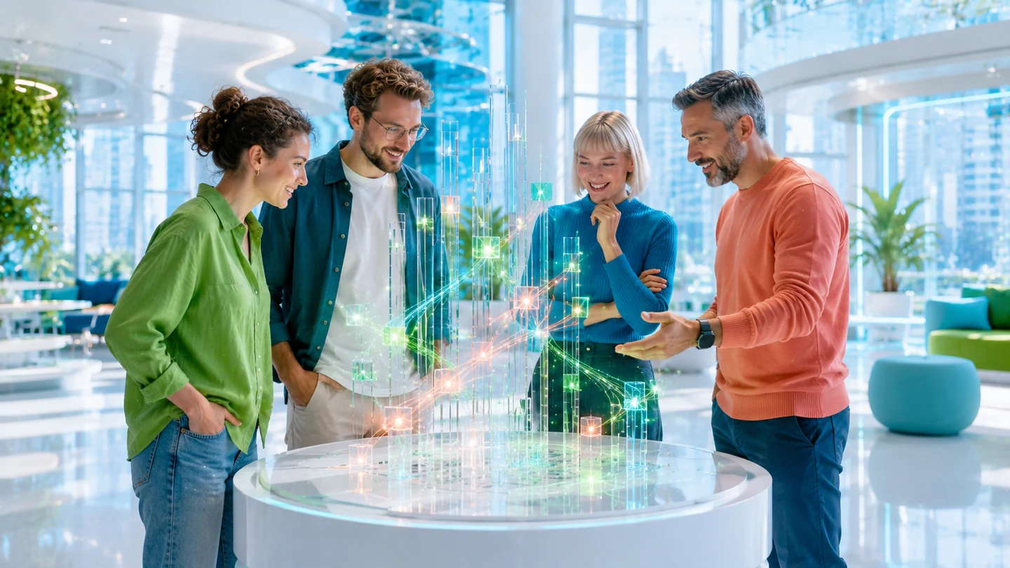 European software team celebrating International Programmers Day around a digital installation