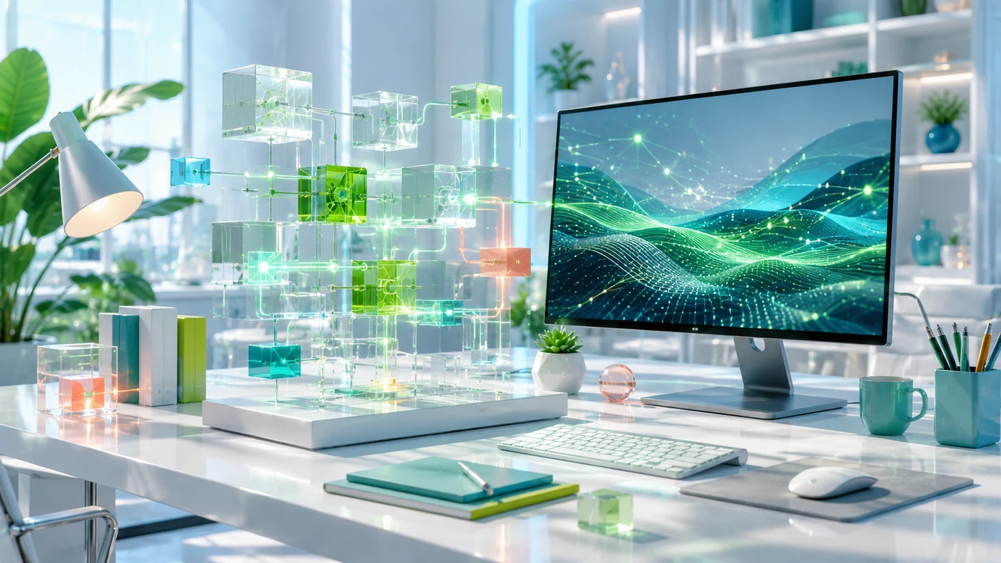 Modern developer workstation with an abstract modular data sculpture