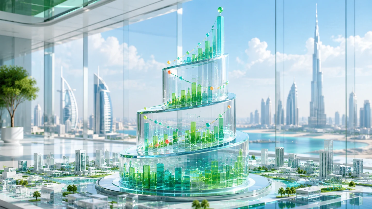 Ascending business intelligence data sculpture over a Dubai smart city model