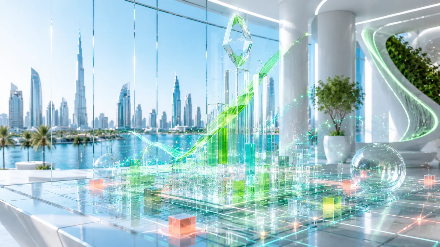 Abstract big data analytics sculpture rising over the Dubai skyline