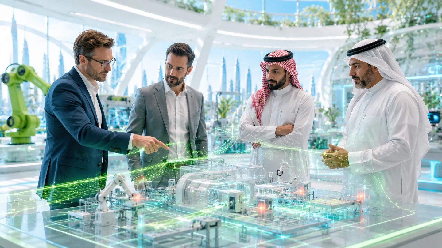 European Usetech experts and Saudi partners reviewing a smart manufacturing model in Riyadh