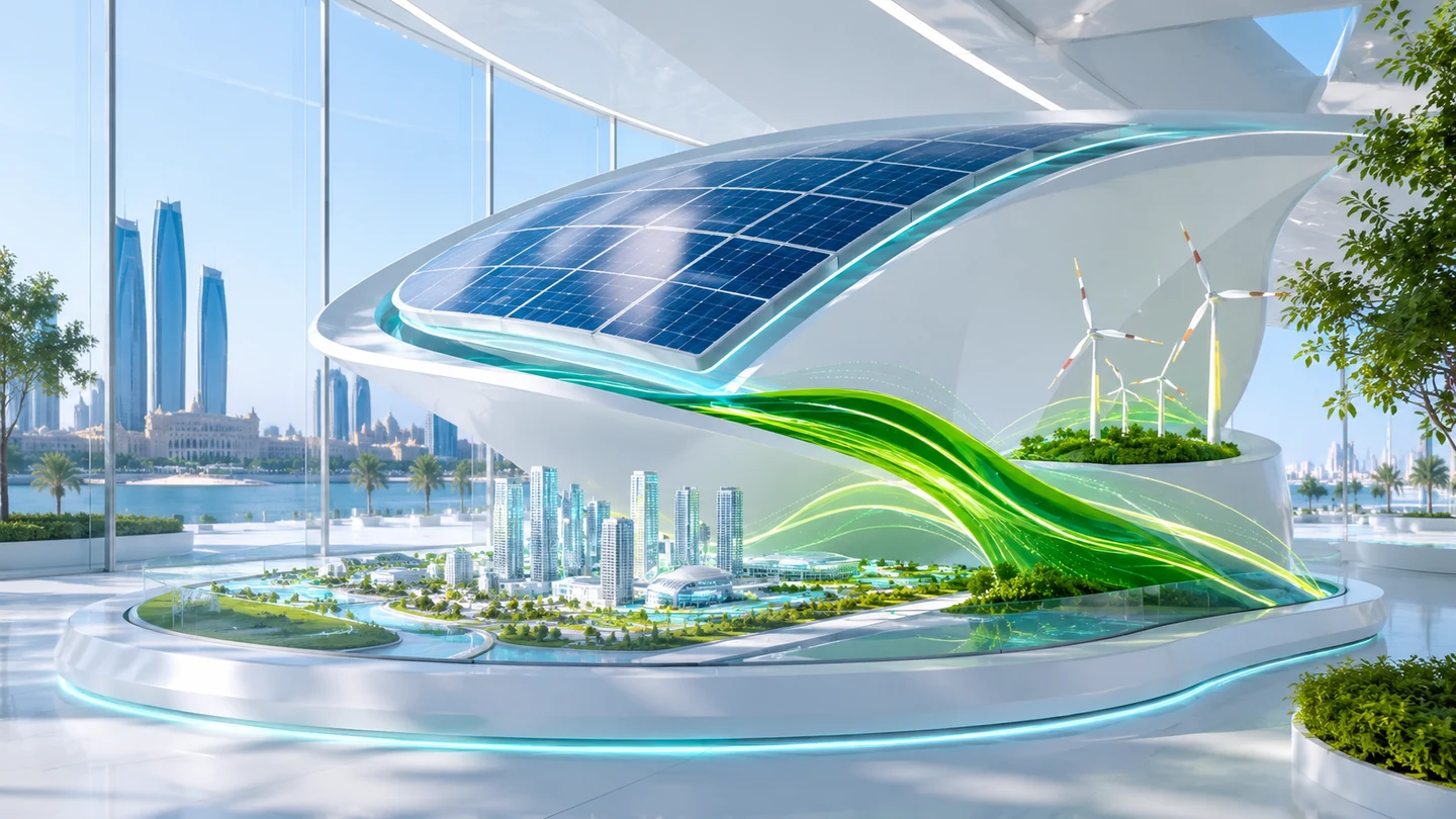 Clean energy installation with solar panels wind turbines and a smart city model in Abu Dhabi
