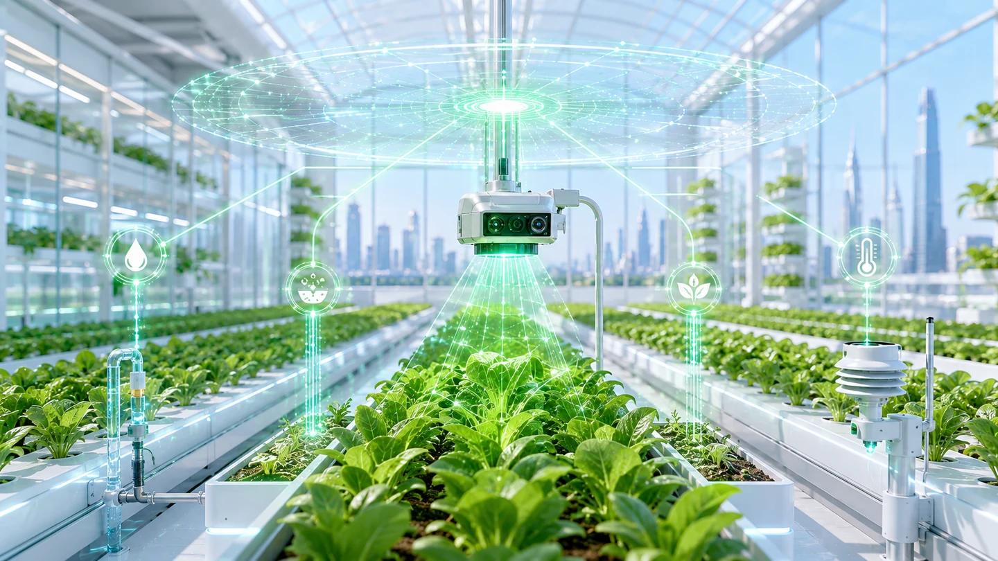 Autonomous vision system monitoring healthy crops and environmental sensors in an intelligent greenhouse.