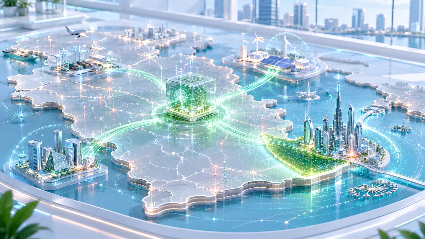 Artificial intelligence core connecting major economic sectors across a sculptural map of the Middle East.