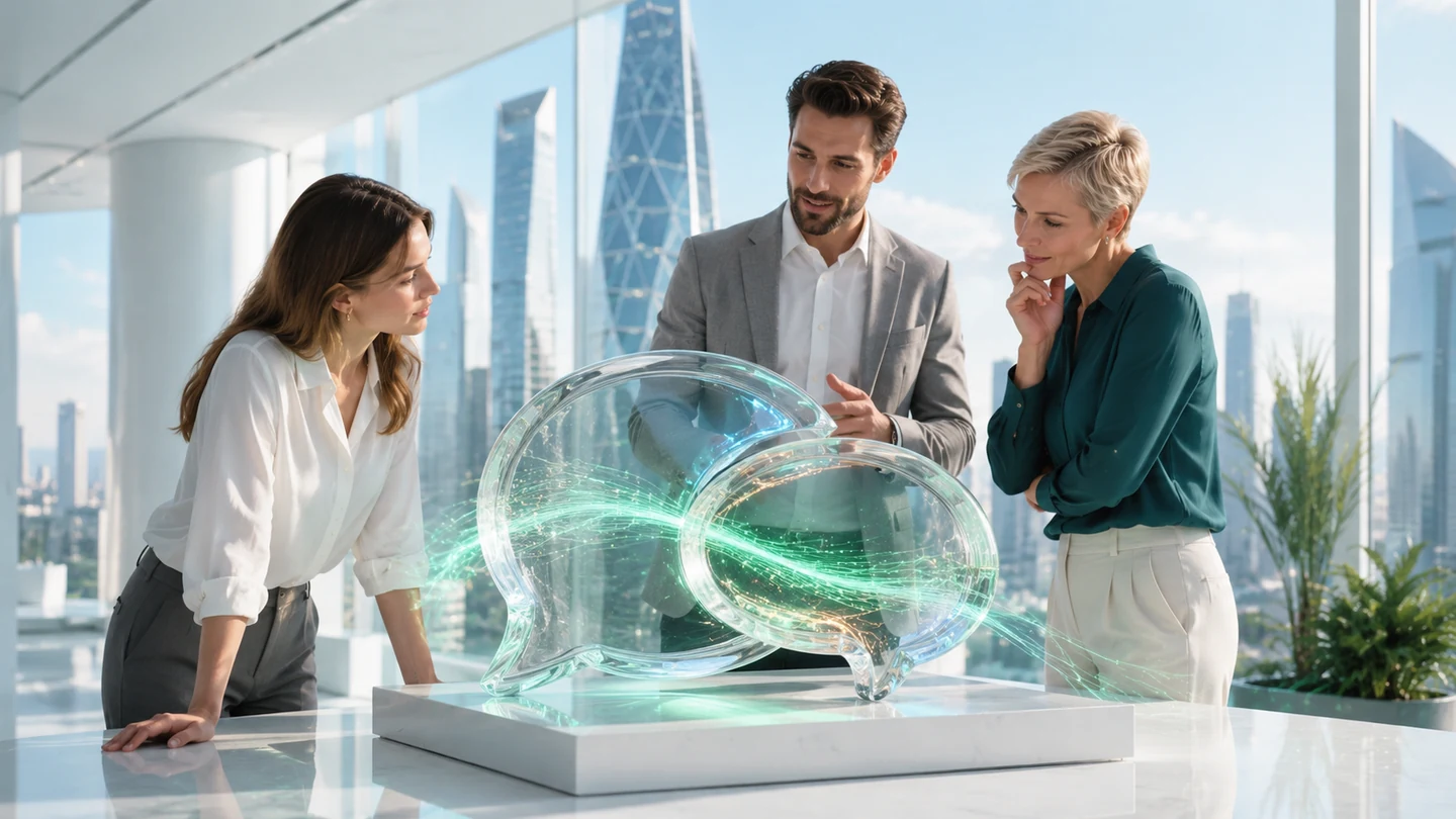 Three product specialists exploring an interlocking conversational technology sculpture in a bright studio.