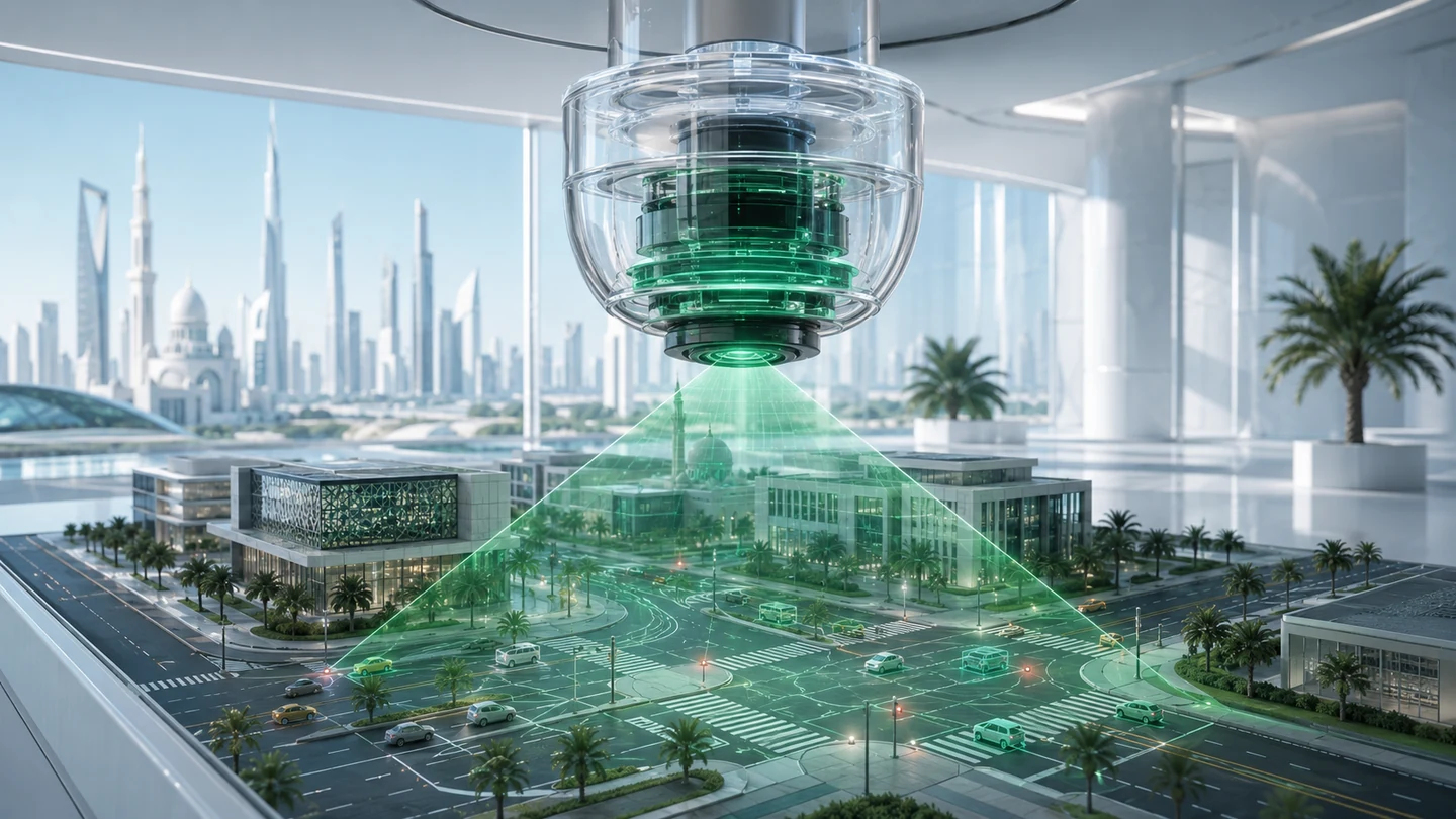 Transparent computer vision sensor analysing traffic in a miniature UAE smart-city intersection.