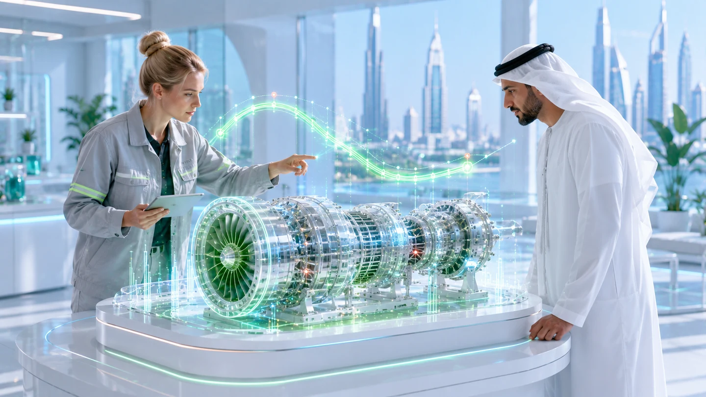 European and Emirati engineers analysing an industrial turbine with a predictive performance curve.
