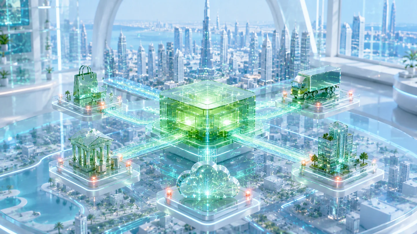 Luminous integration hub connecting cloud, finance, logistics and commerce systems above Dubai.