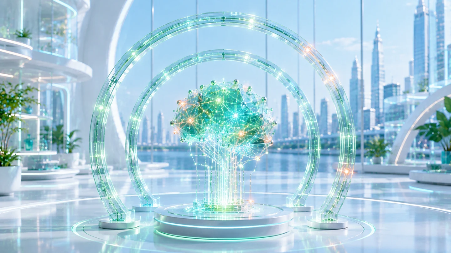 Crystalline artificial intelligence core framed by luminous green arcs in a bright innovation gallery.