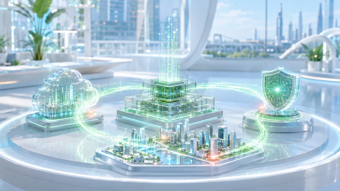 Luminous innovation hub connecting cloud, cybersecurity and smart-city technologies in a bright glass studio.
