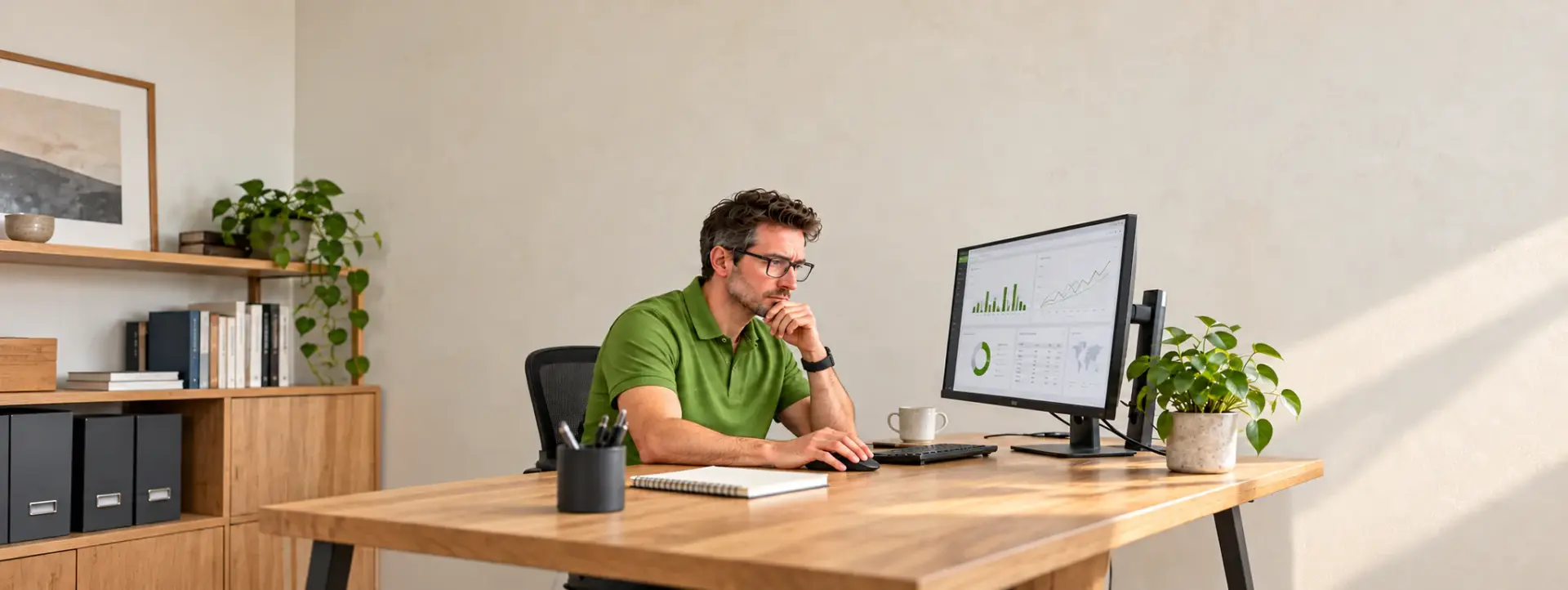 Business intelligence developer reviewing dashboards in a bright office.