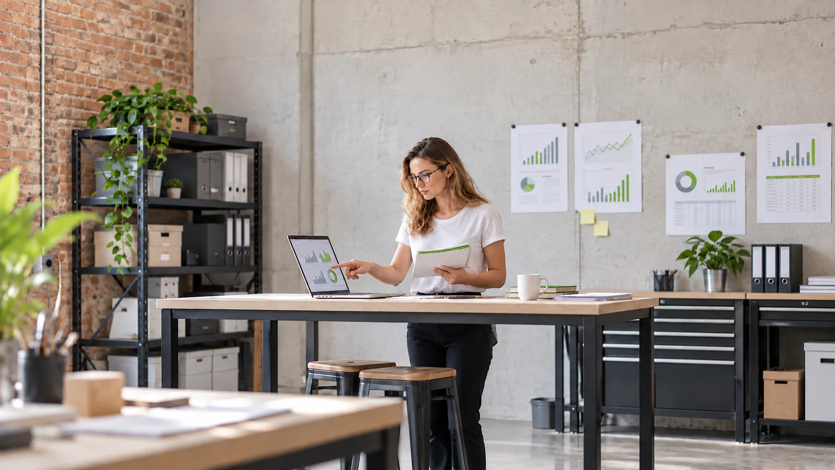 Business intelligence developer working with a laptop and project notes in an office studio.