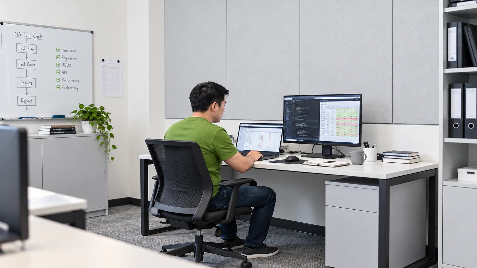 Quality assurance engineer testing business intelligence reports at an office workstation.