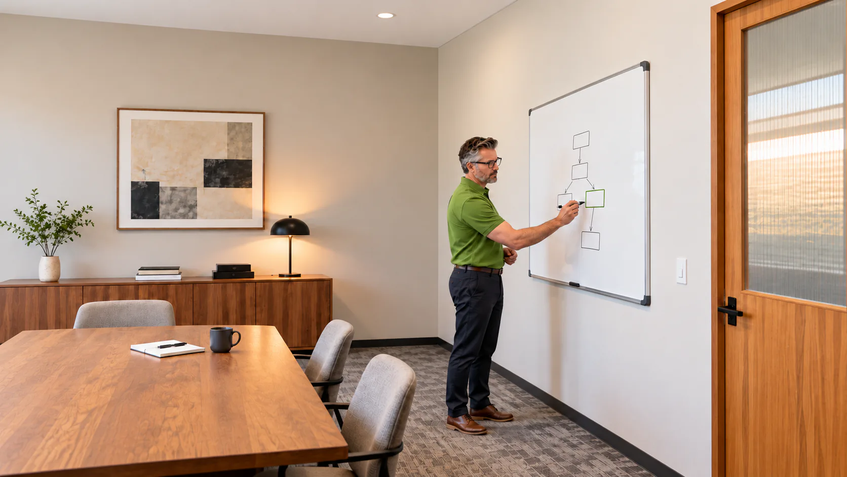 Software developer discussing a business process at an office whiteboard.