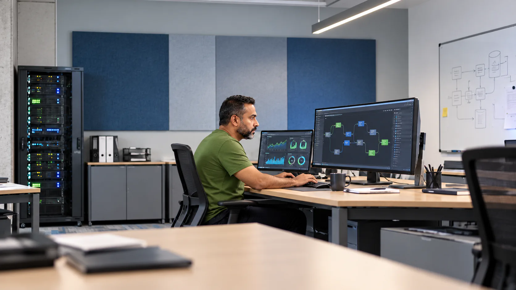 Data engineer monitoring data pipelines in an operations office.